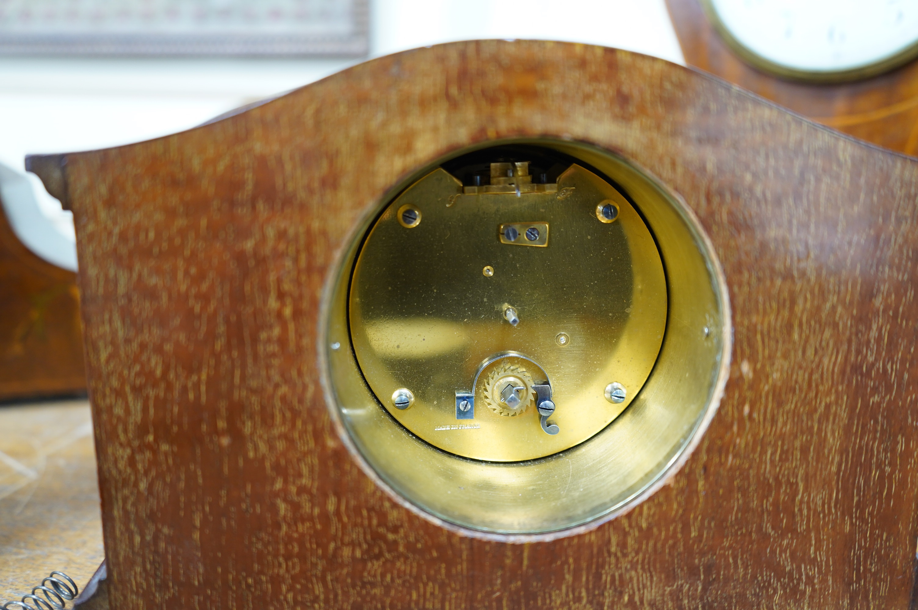 Sundry items to include four Edwardian inlaid mantel clocks, a barometer and a skeleton clock (7). Condition - mostly fair, untested